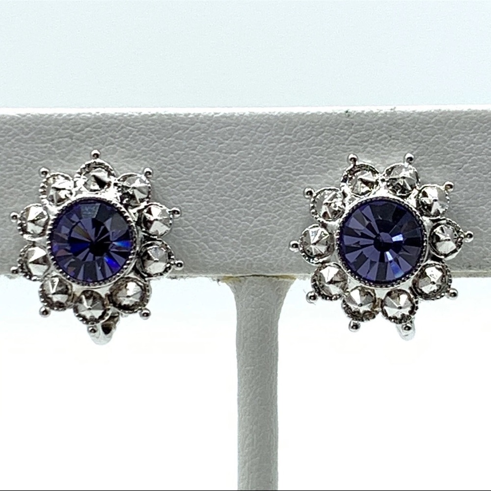 Vintage Joan Rivers Purple AB Rhinestone Button Earrings Silver-Tone Adjustable - Picture 12 of 15